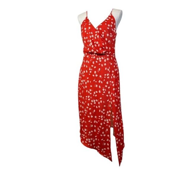 Finders Keepers Mae Asymmetric Hem Floral Dress Rusty Red Slit Strappy Size 8 - Picture 2 of 13